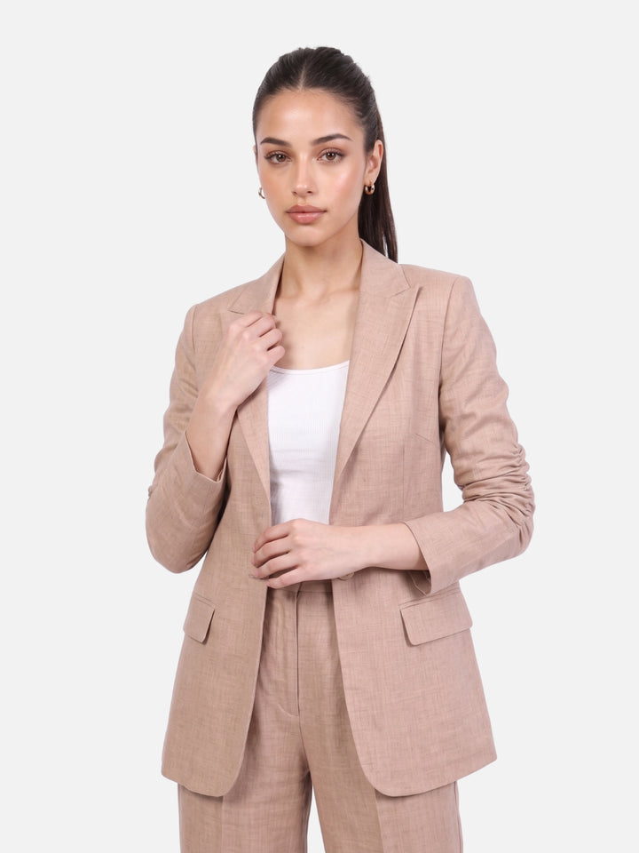 Beige Linen Blend Open Front Blazer