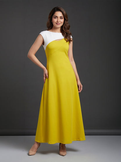 Yellow &amp; White Colour-block Maxi Dress with Cutout Detail