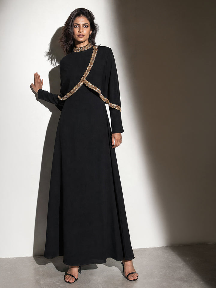 Black Maxi Dress with Gold Embellished Cape