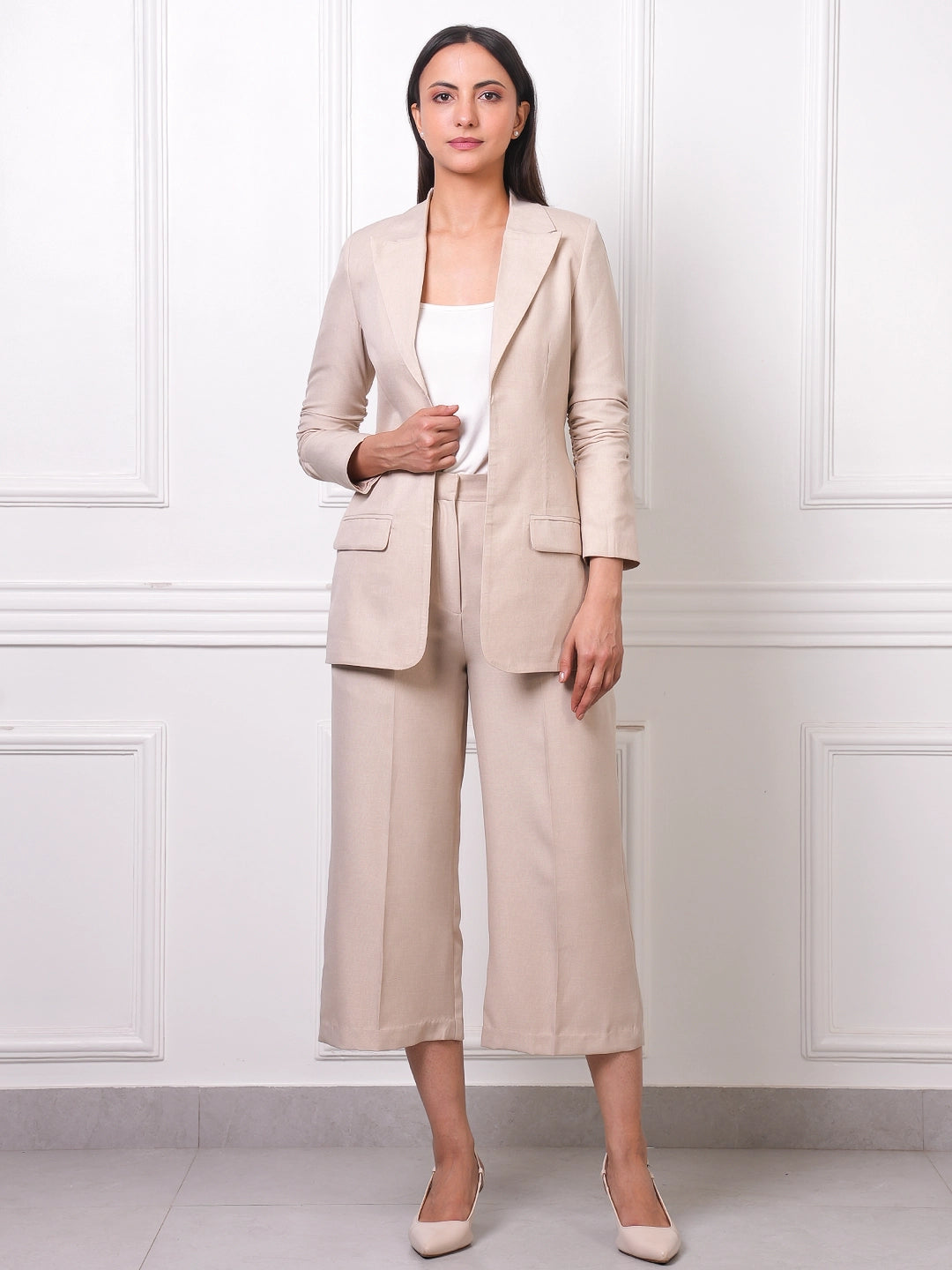 Exude Beige Linen Blazer &amp; Culottes Co-ord Set