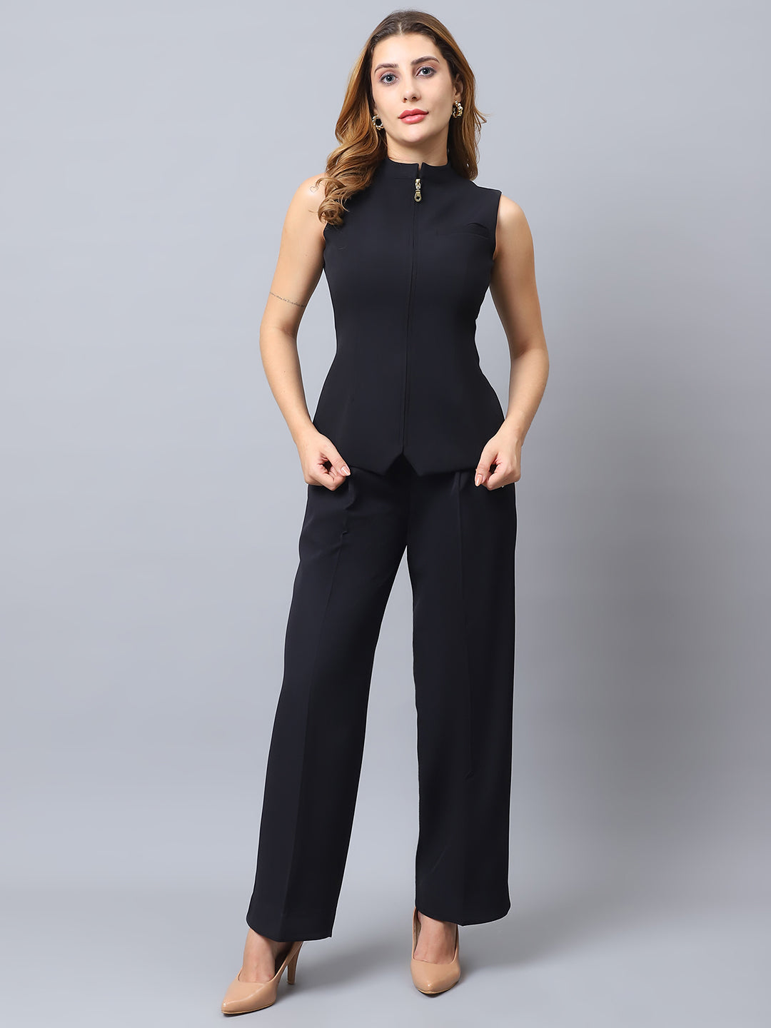 Zip-Front Waistcoat & Wide-Leg Trouser Set Black