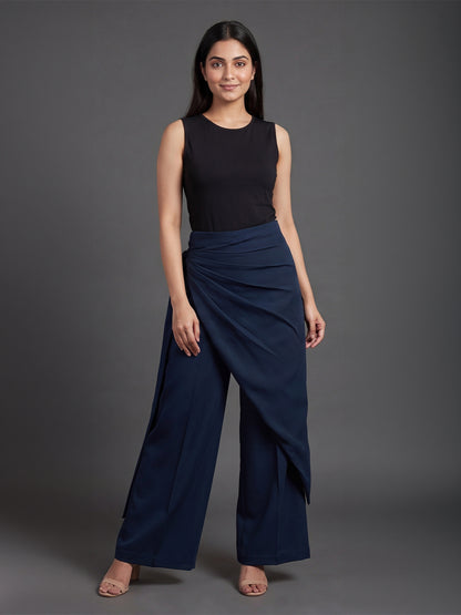 Navy Blue Draped Wrap Wide Leg Trousers with Tie Detail