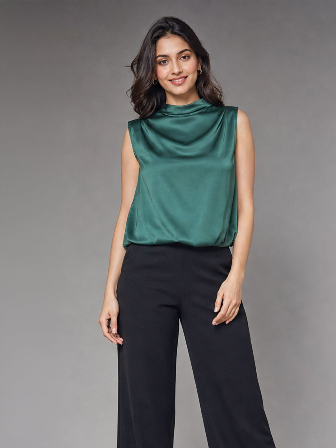 Emerald Green Satin Cowl Neck Top with Back Tie Detail