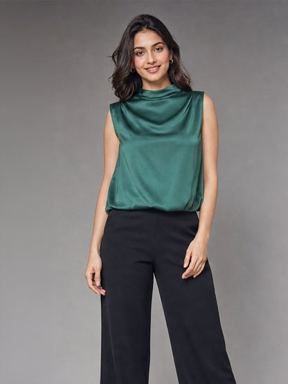 Emerald Green Satin Cowl Neck Top with Back Tie Detail
