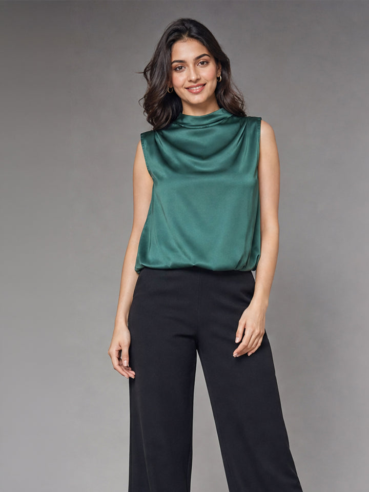 Emerald Green Satin Cowl Neck Top with Back Tie Detail