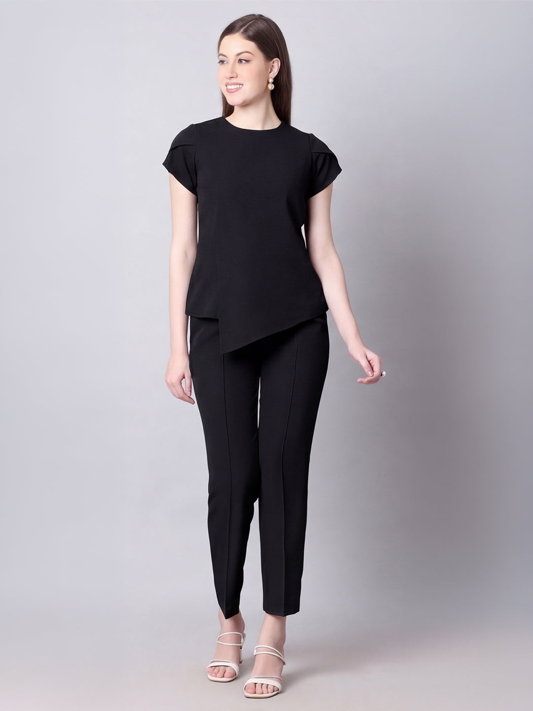 Exude Iconic Asymetrical Top with Straight Fit Trouser Co-ord (Black)