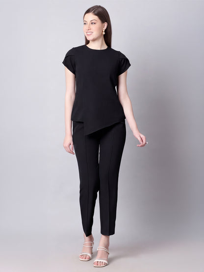 Exude Iconic Asymetrical Top with Straight Fit Trouser Co-ord (Black)