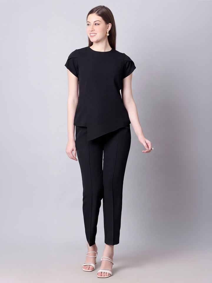 Exude Iconic Asymetrical Top with Straight Fit Trouser Co-ord (Black)
