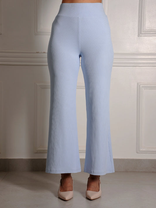 Sky Blue Ribbed High-Waist Flare Pants