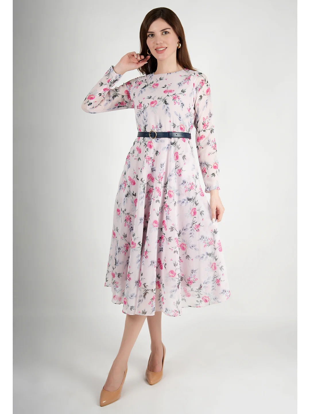 Exude Sunshine A-Line Georgette Dress with Belt Pink Dresses