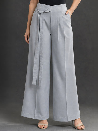 Grey High-Waist Wide Leg Trousers with Tie Belt