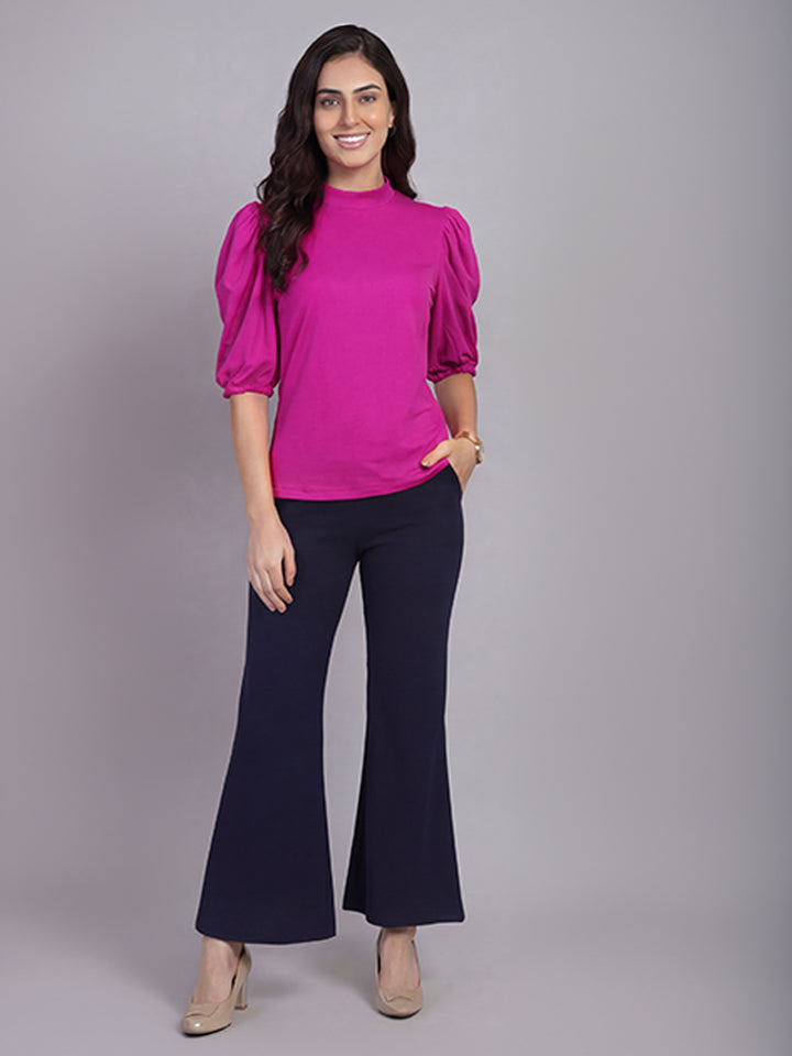 Exude Glamour Puffed Sleeves T-shirt (Hot Pink)