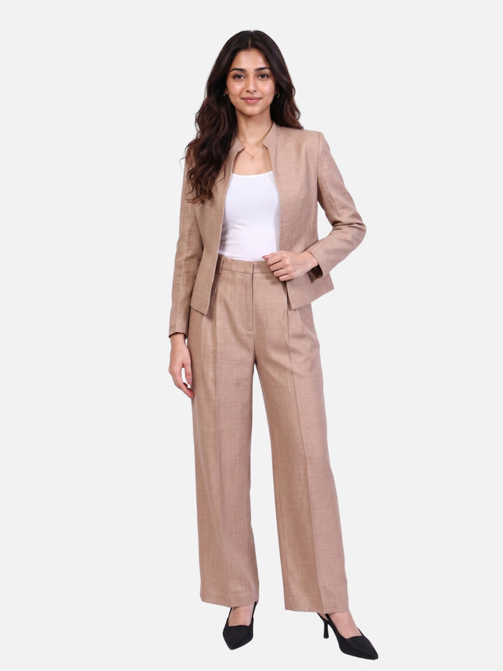 Exude Power Mandarin Collar Linen Blazer with Straight Fit Trousers (Beige)