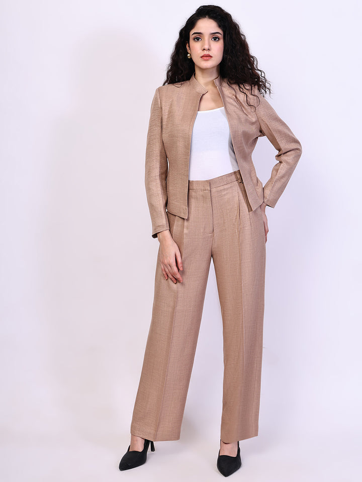 Exude Power Mandarin Collar Linen Blazer with Straight Fit Trousers Beige Co-ord Sets