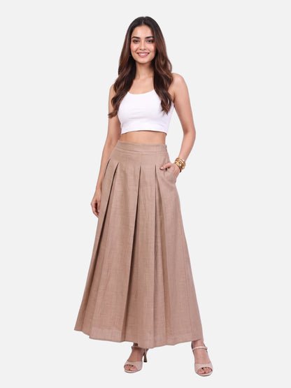 Beige Linen Pleated A-Line Maxi Skirt