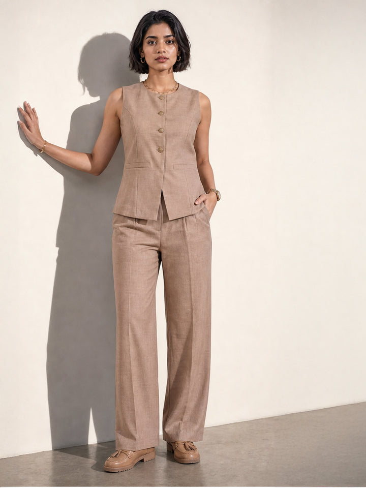 Exude Golden Hour Glam 2 Piece Linen Co-ord Set With Gold Button Detail