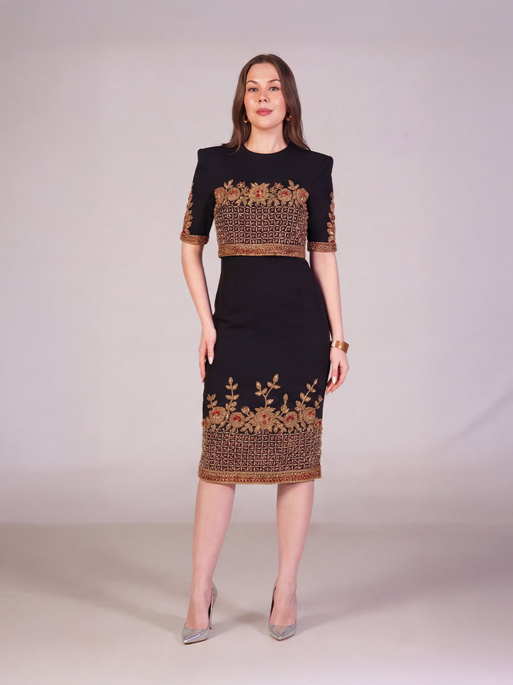 Crimson Luxe Embroidered Dress (Black)