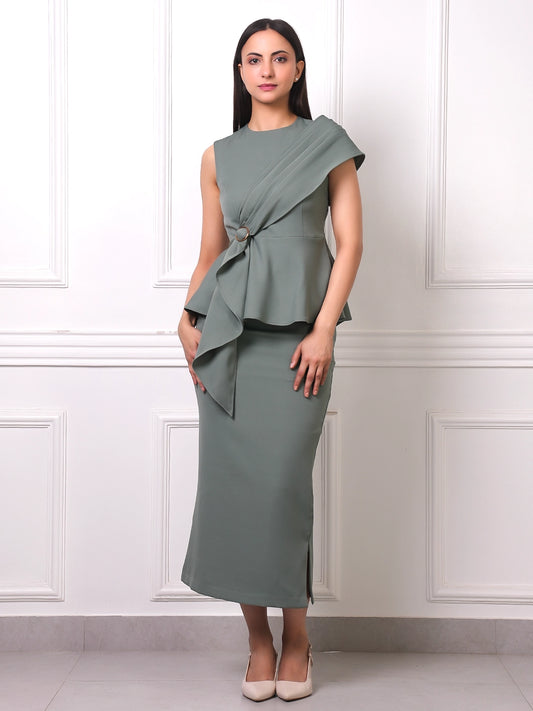 Sage Green Draped Peplum Co-ord Set
