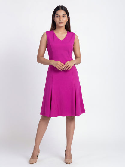 Exude Appeal Flared V-neck Dress (Hot Pink)
