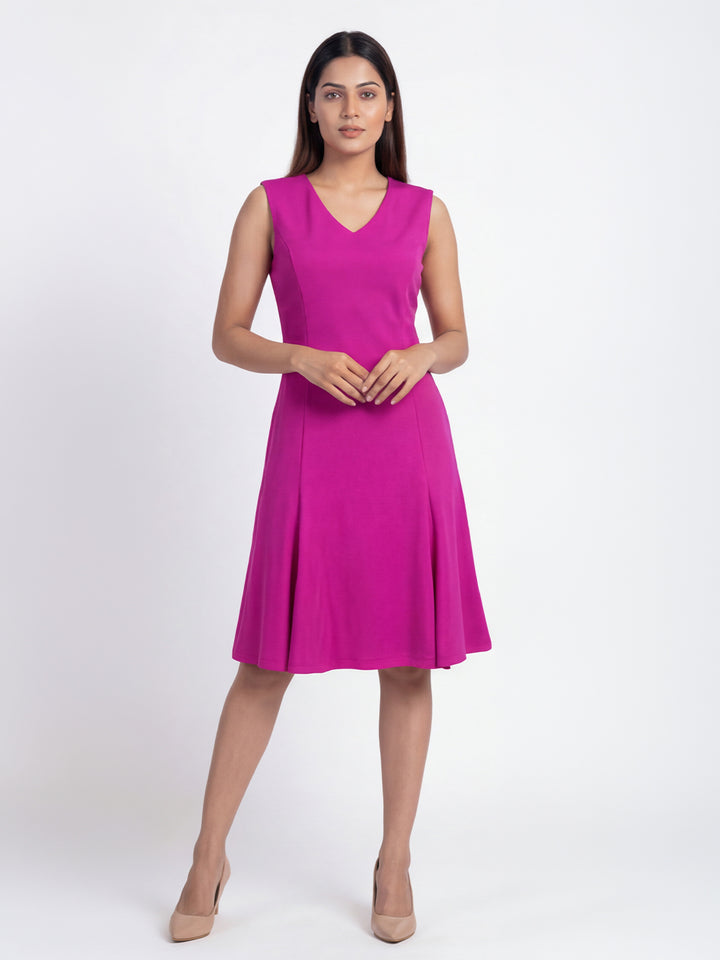 Exude Appeal Flared V-neck Dress (Hot Pink)