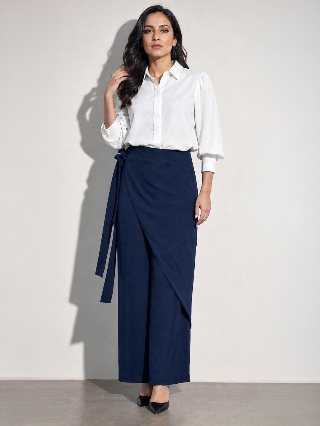 White Blouse &amp; Navy Wrap Skirt Co-ord Set