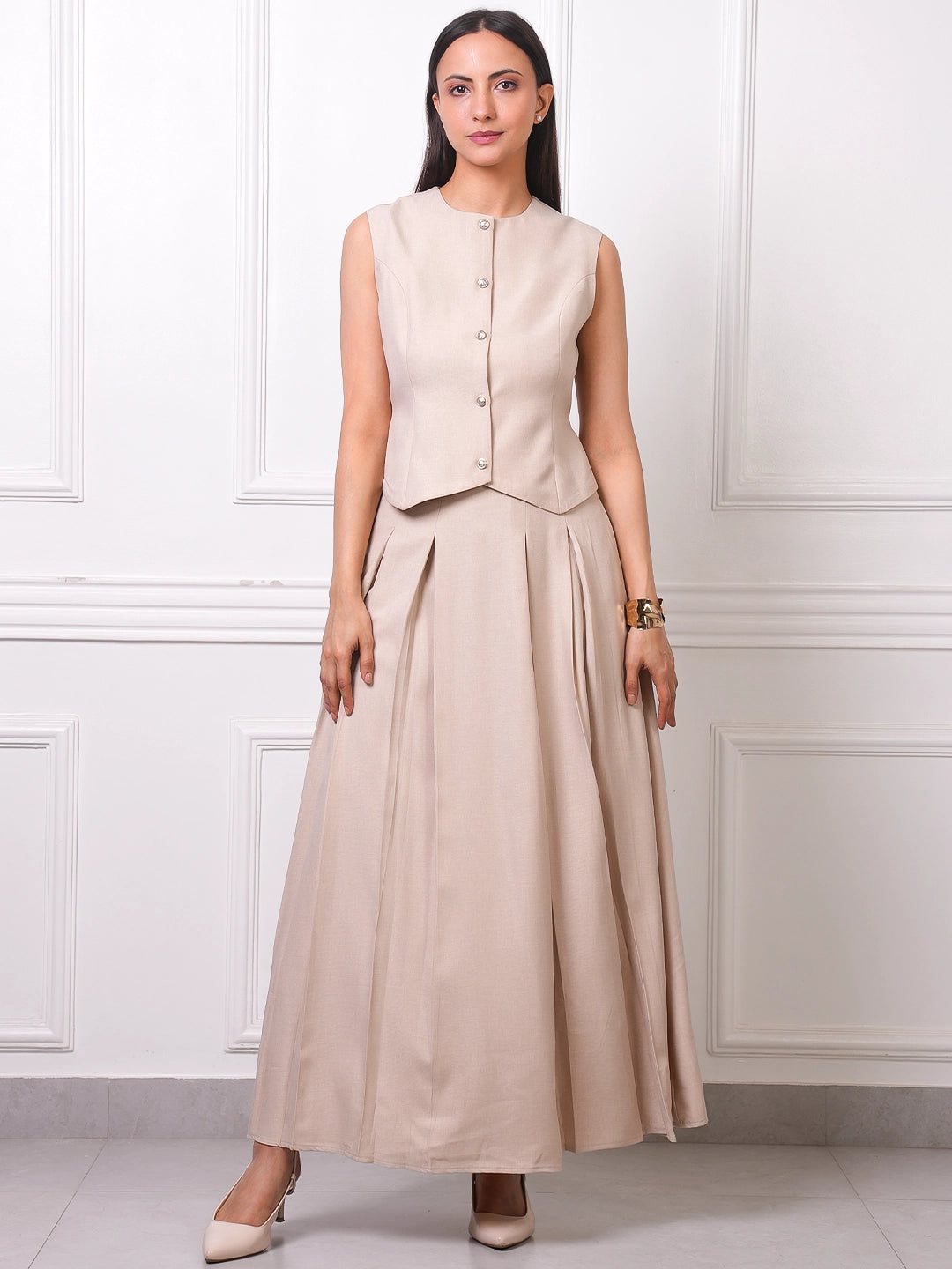 Beige Linen Pearl Button Vest &amp; Pleated Maxi Skirt Co-ord Set