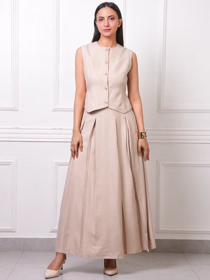 Beige Linen Pearl Button Vest &amp; Pleated Maxi Skirt Co-ord Set