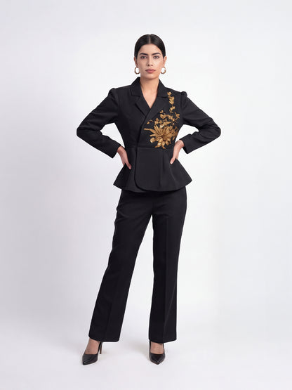 Exude Scarlet Bloom Embroidered Blazer Set (Black)
