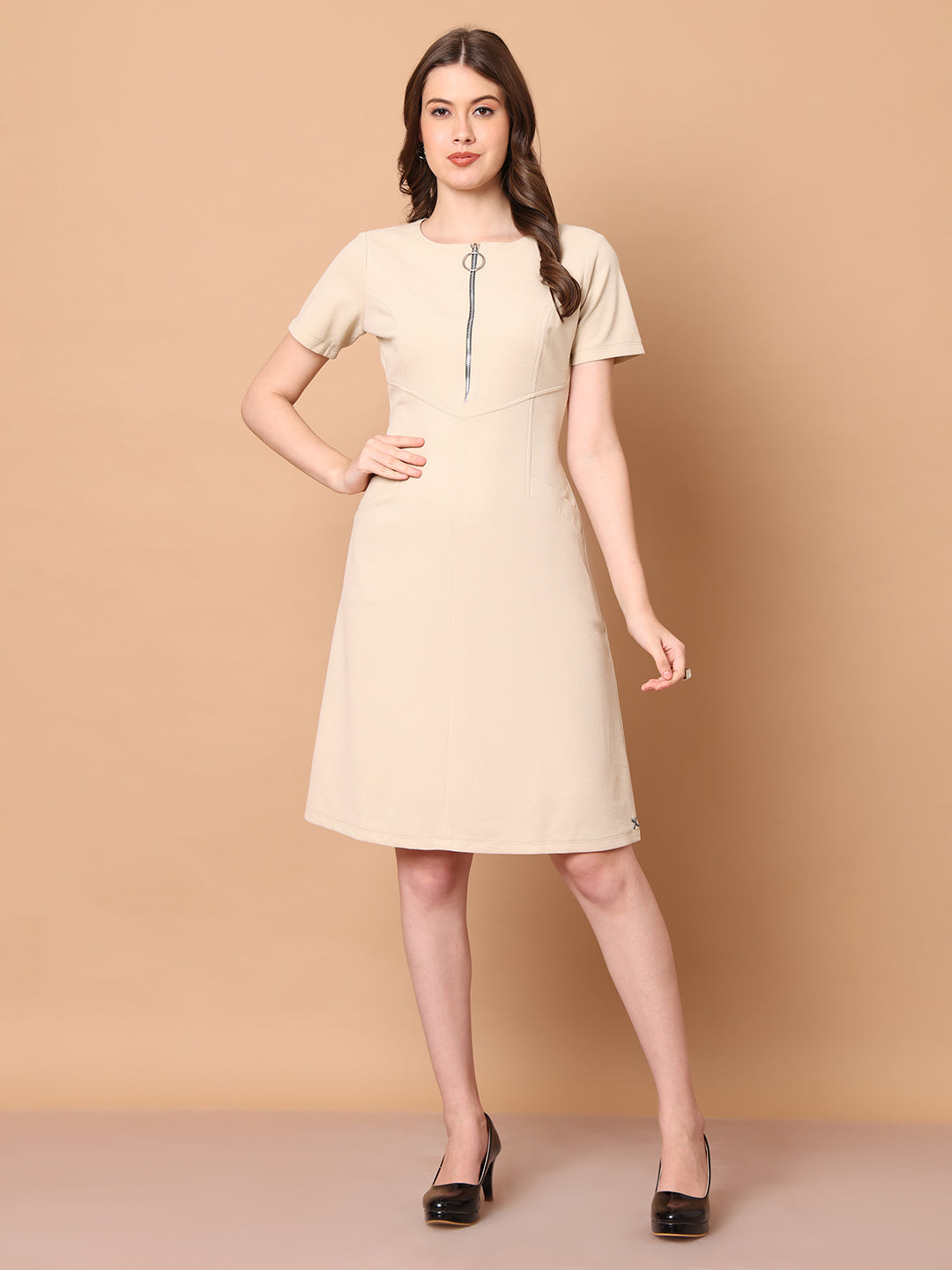 Exude Celebration A-line Zip Dress With Pockets (Beige)