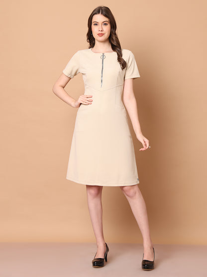Exude Celebration A-line Zip Dress With Pockets (Beige)