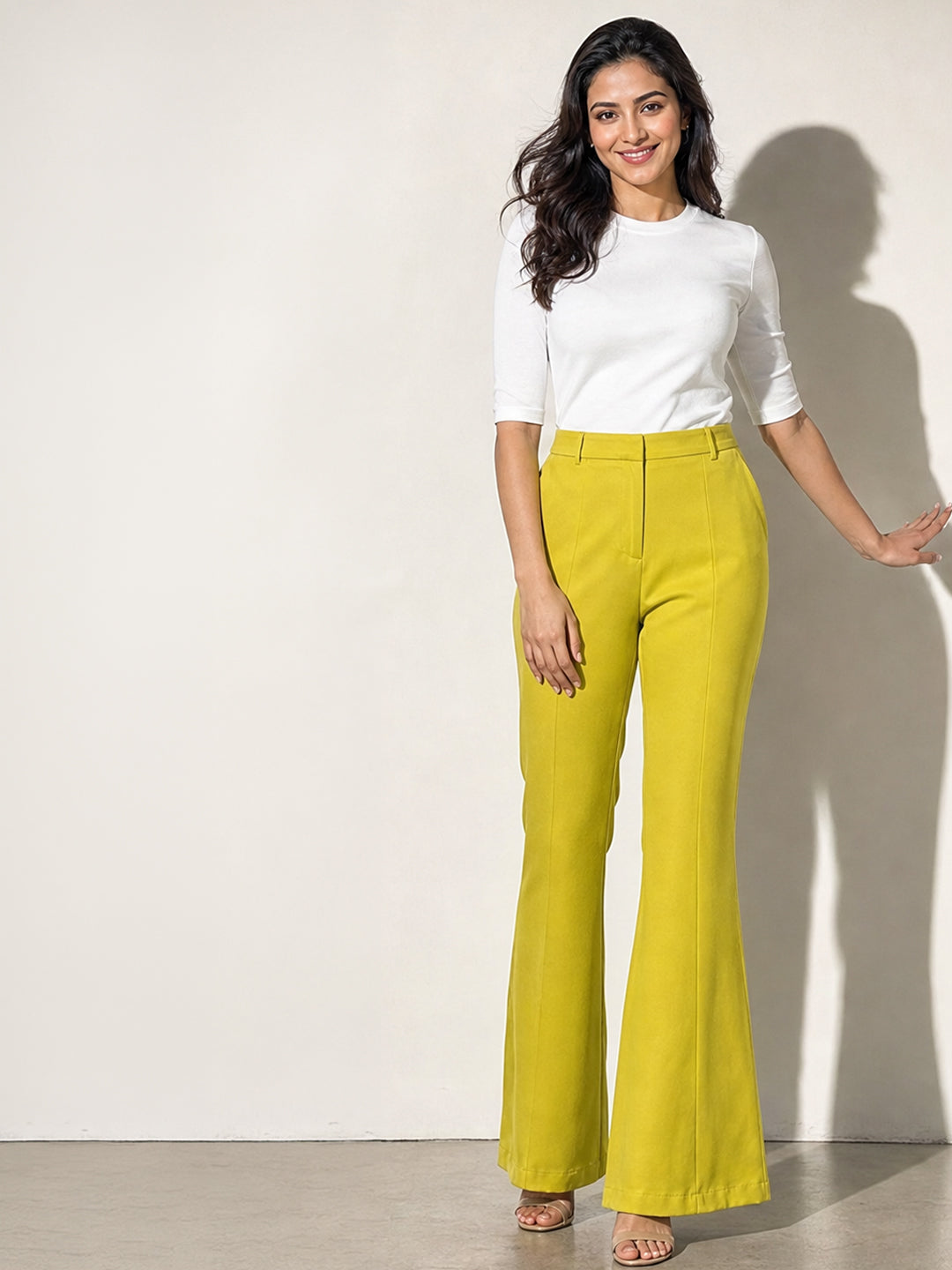 Lime Green High-Waisted Flared Trousers