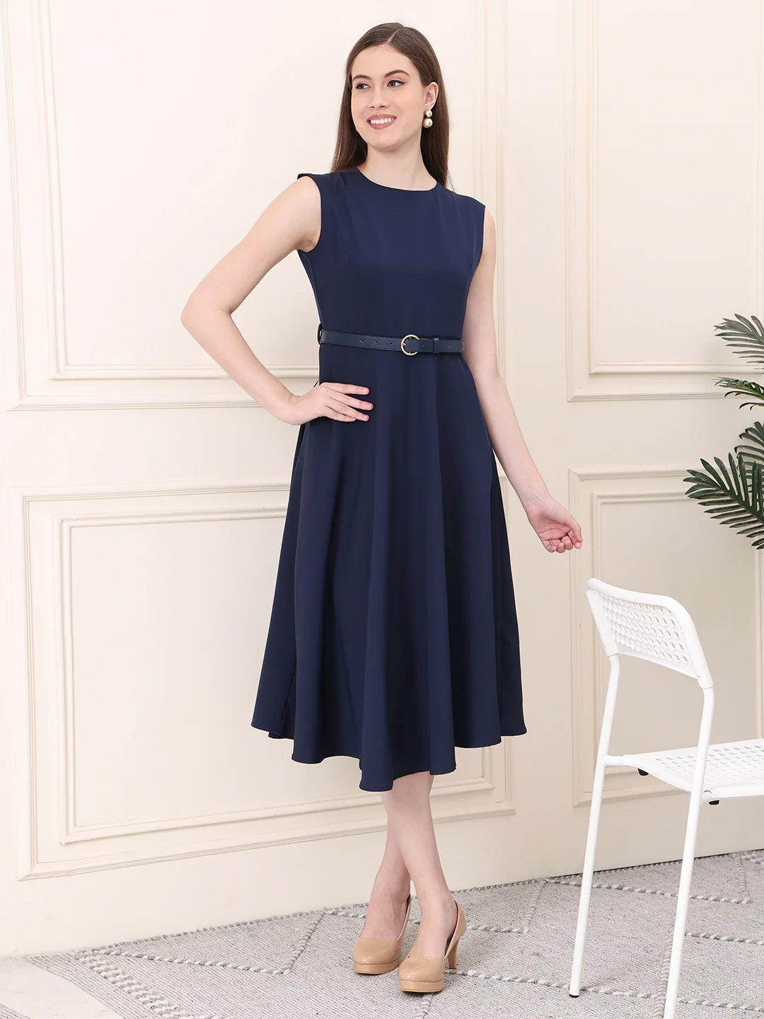 Exude Warmth Fit &amp; Flare Dress with Belt Navy Dresses
