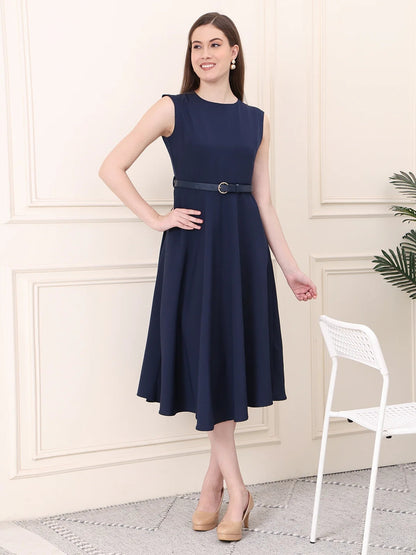 Exude Warmth Fit &amp; Flare Dress with Belt Navy Dresses