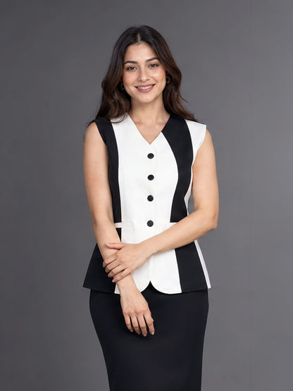 Black &amp; White Colour blocked Button-Down Waistcoat Top