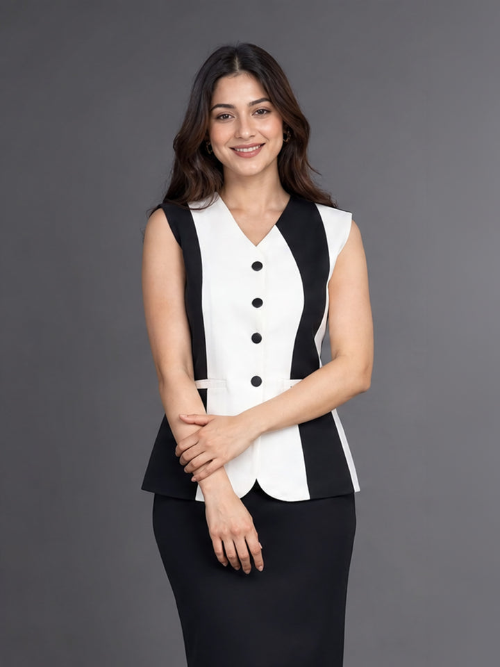 Black & White Colour blocked Button-Down Waistcoat Top