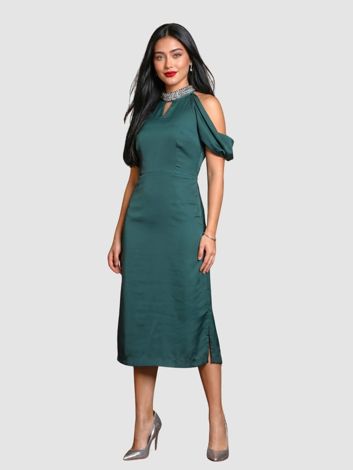 Exude Emerald Aura Cold Shoulder Satin Dress