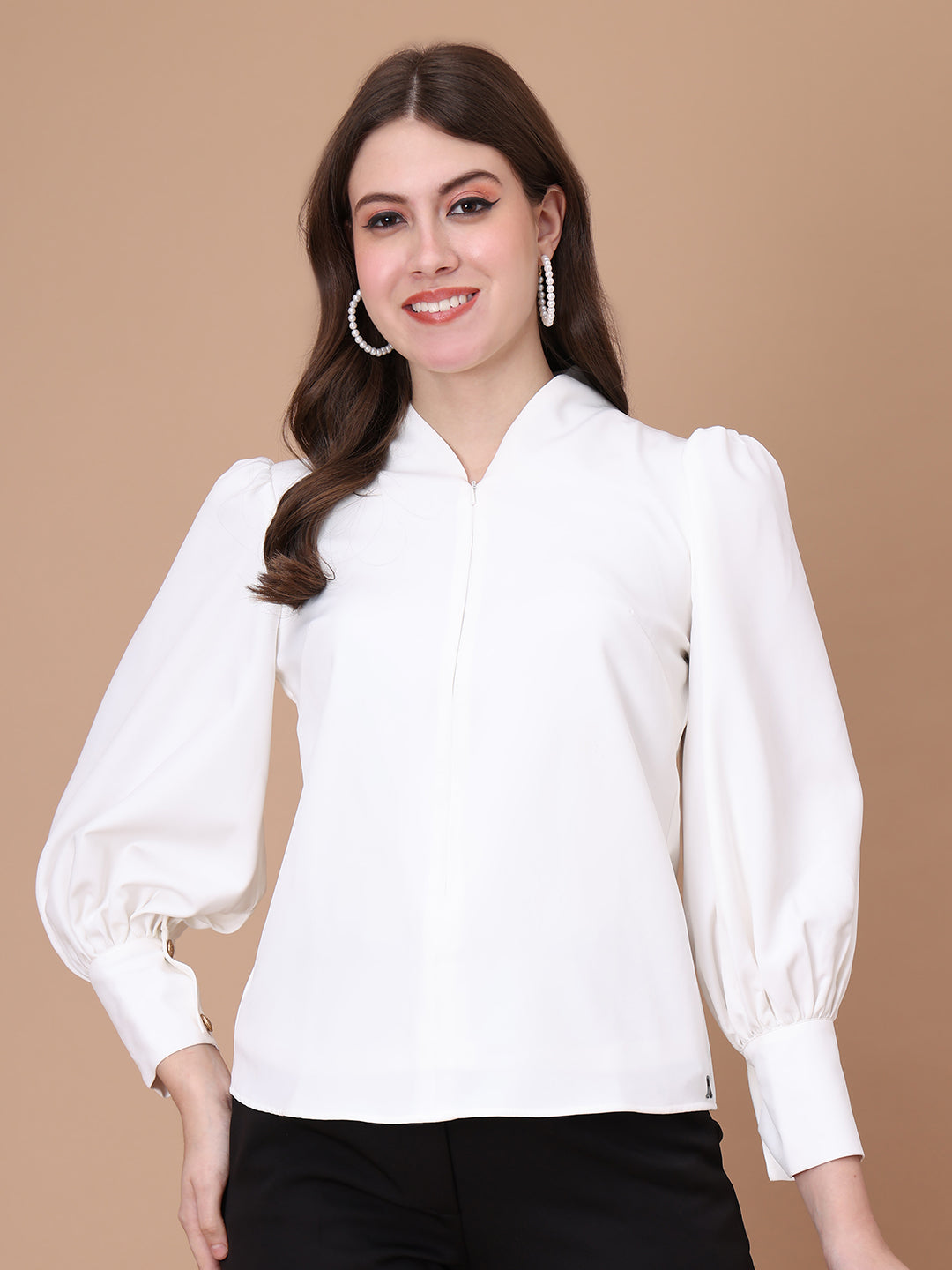 Exude Whimsical Wonders Dramatic Puff Sleeve Top with Front Zip (White)