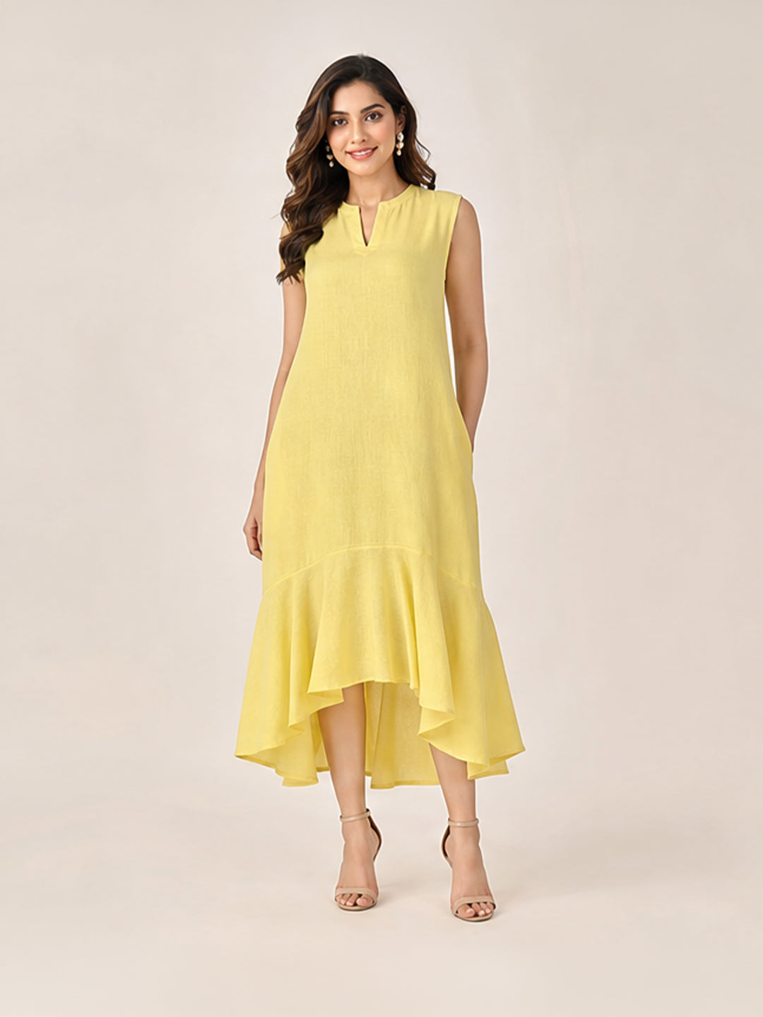 Yellow Solid Sleeveless Ruffle A-Line Dress
