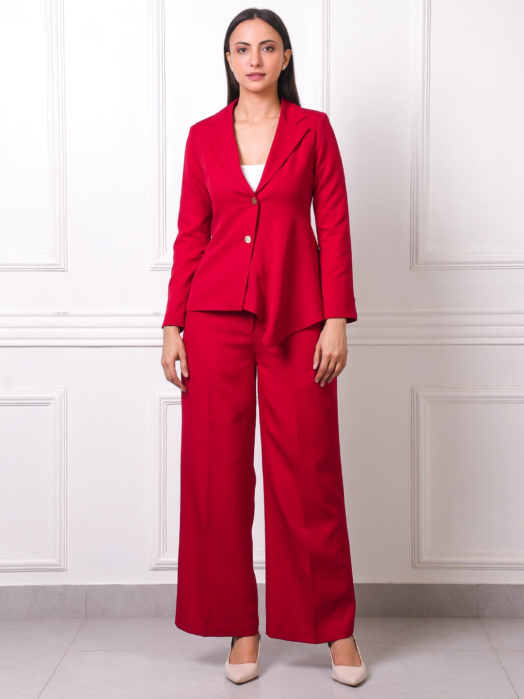 Red Peplum Blazer &amp; Wide-Leg Pants Co-ord Set