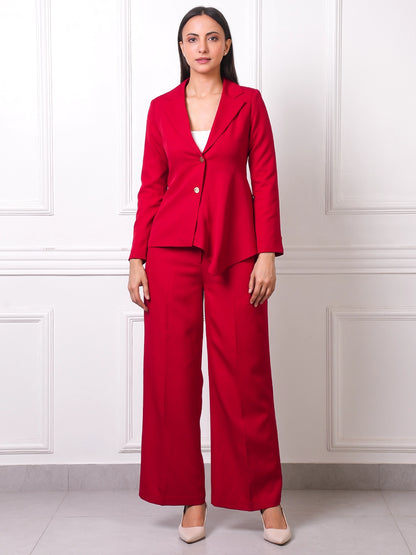 Red Peplum Blazer &amp; Wide-Leg Pants Co-ord Set