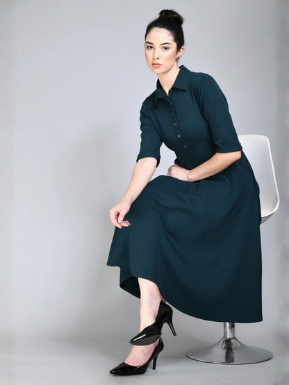 Exude Serenity Fit and Flared Shirt Midi Dress Emerald Green Dresses