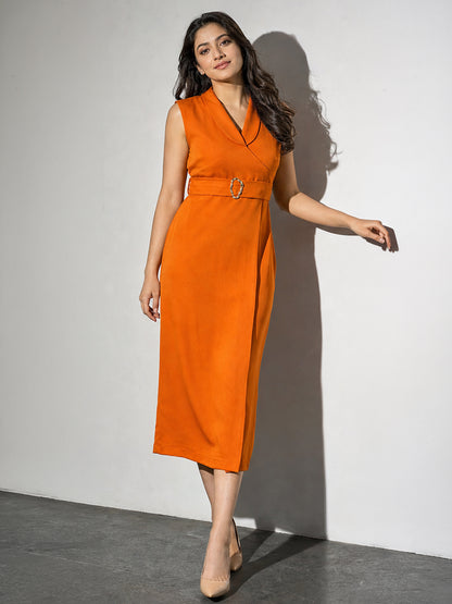 Rust Orange Belted Midi Sheath Dress with Lapel Neckline