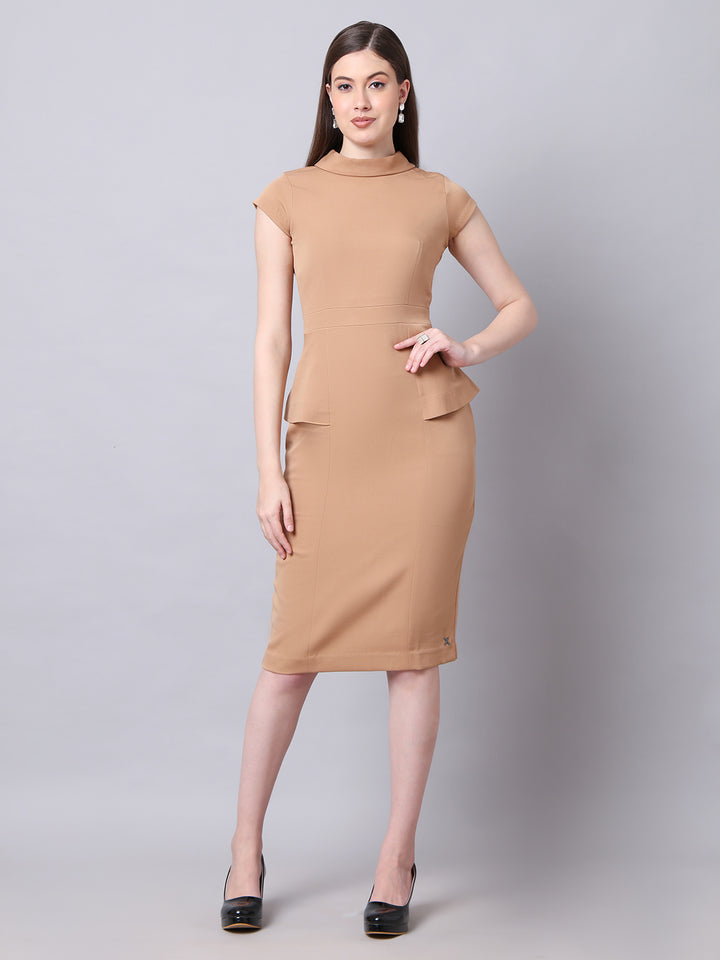 Exude Bold & Beautiful High neck Dress with Cap Sleeves Beige Dresses