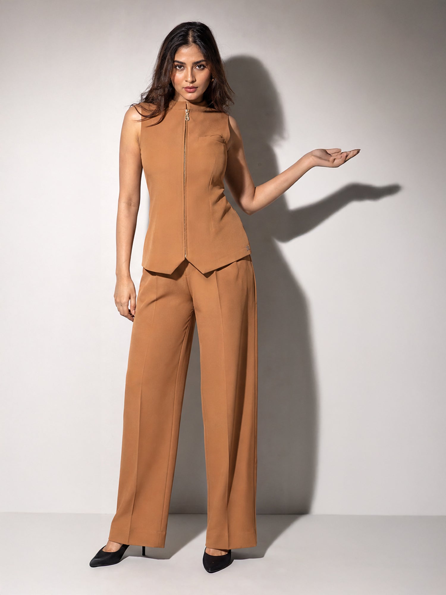 Zip-Front Waistcoat &amp; Wide-Leg Trouser Set