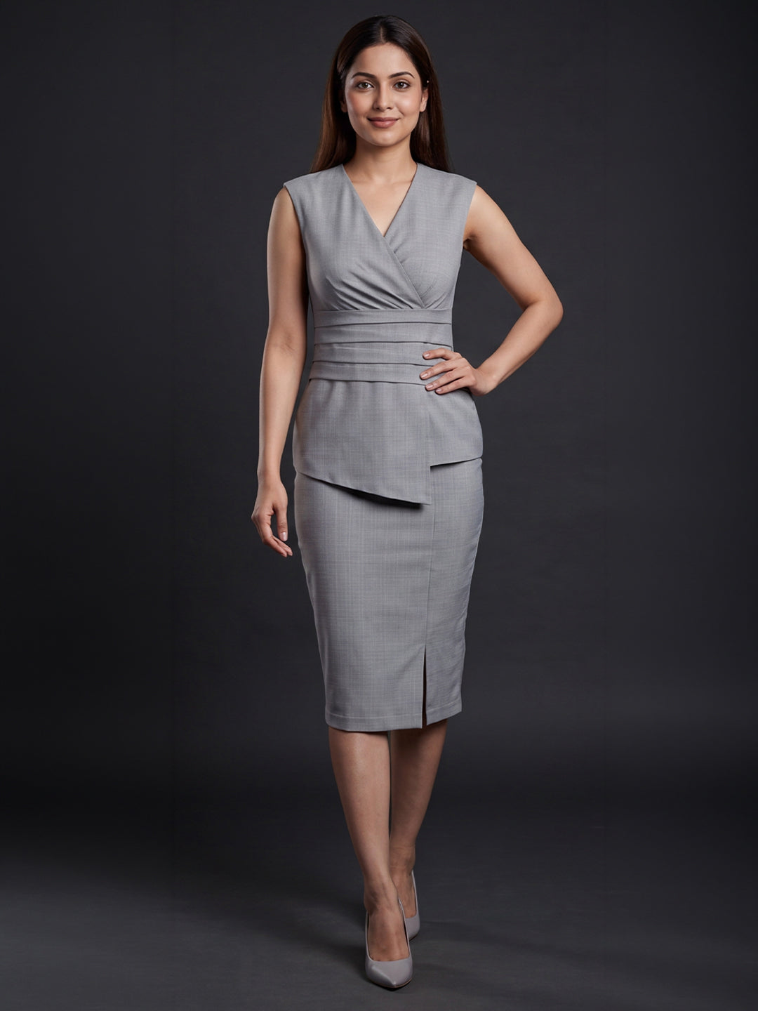Grey Wrap-Style Top &amp; Pencil Skirt Co-ord Set