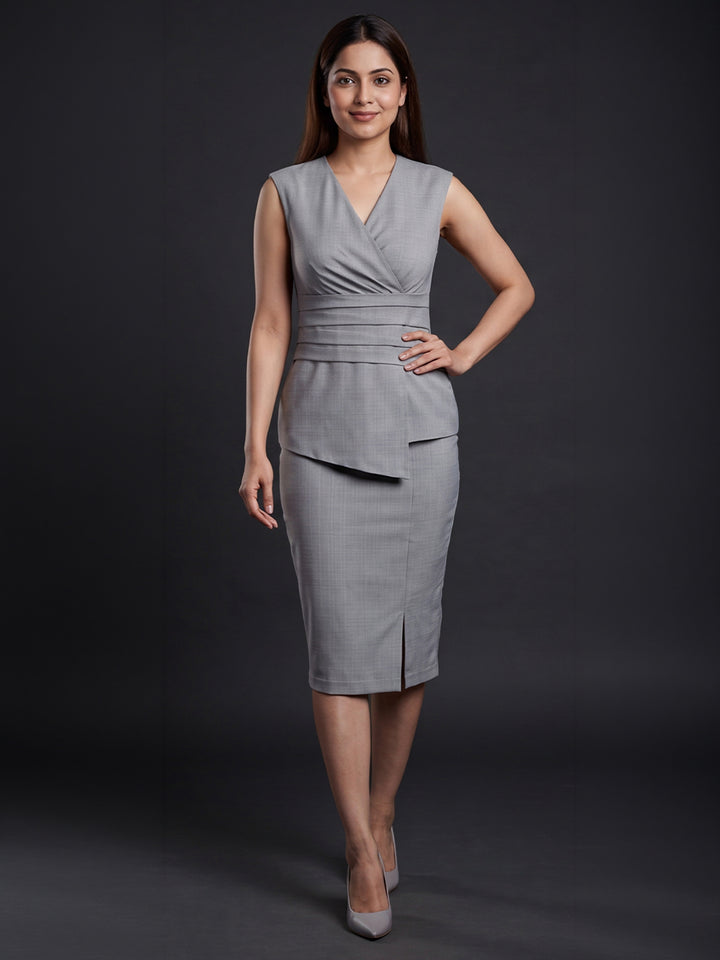 Grey Wrap-Style Top & Pencil Skirt Co-ord Set