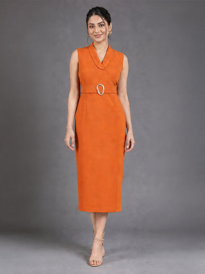 Rust Orange Belted Midi Sheath Dress with Lapel Neckline