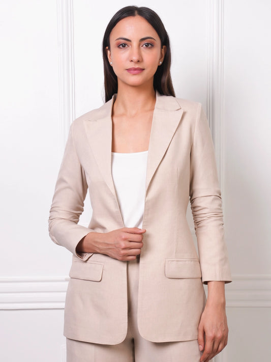 Beige Linen Blend Open Front Blazer