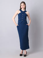 Exude Runway-Ready Long Skirt with Halter Top (Royal Blue)