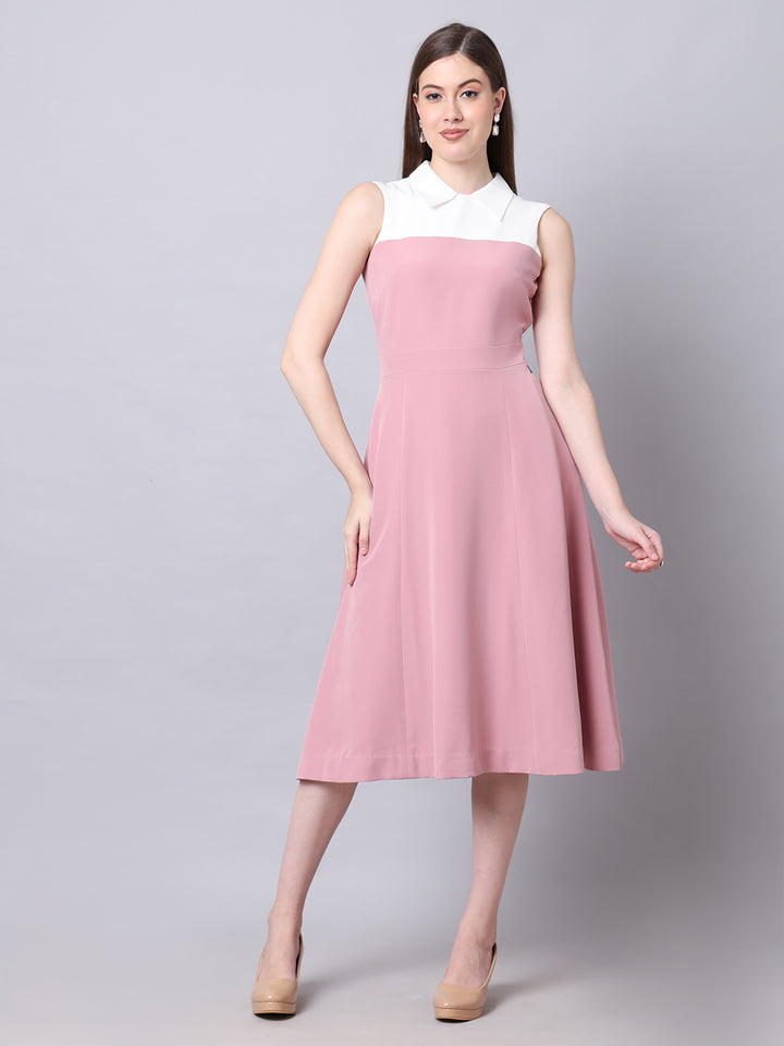 Exude Bronzed Color Block Dress With Collar Blush Pink Dresses